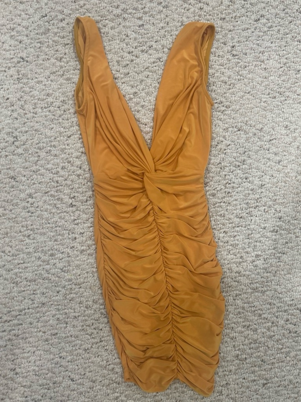 Fashion Nova Mustard Twist-Ruched Plunge Mini Dress